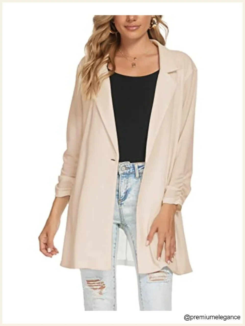 Women's 3/4 Sleeve Blazer Notch Lapel One Button Long Jacket
